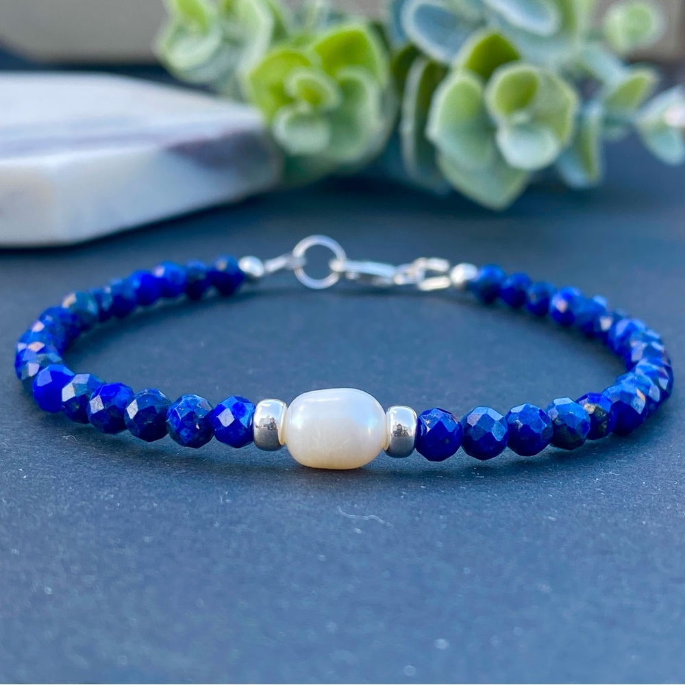 Lapis Lazuli bracelet natural white pearl beaded handmade women jewelry sterling